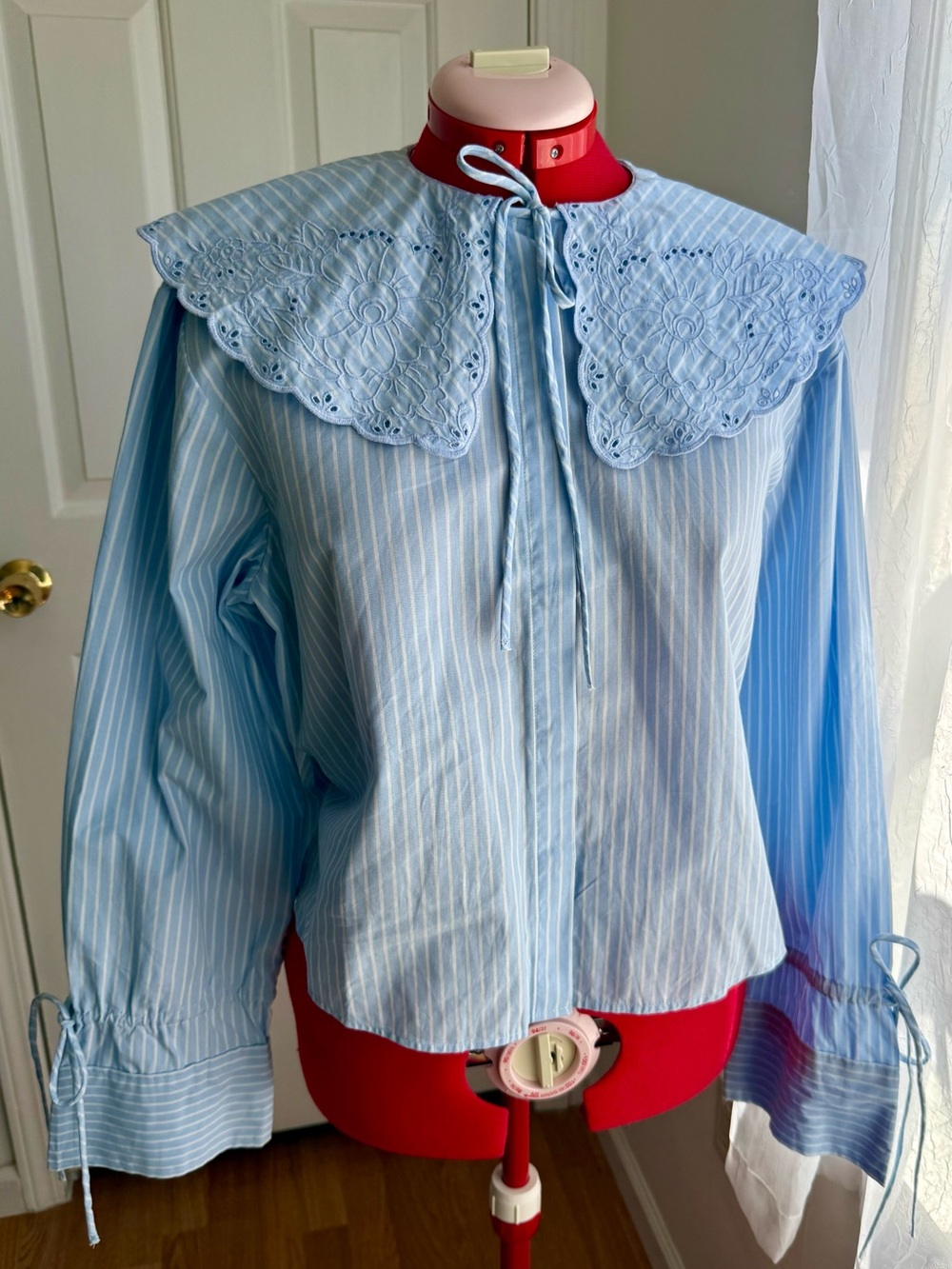 Light Blue Striped Blouse/ BRODERIE ANGLAISE-DETAIL POPLIN BLOUSE